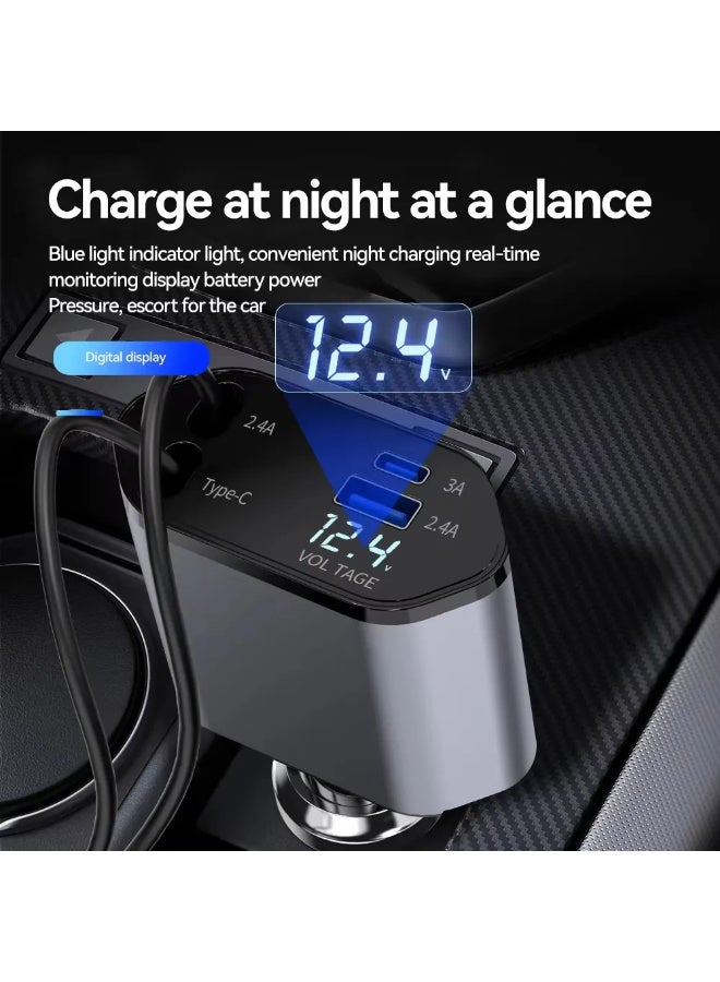 4-in-1 Retractable Car Charger – 60W Fast Charging, USB Type-C, Multi-Device, Fireproof ABS - Image 2