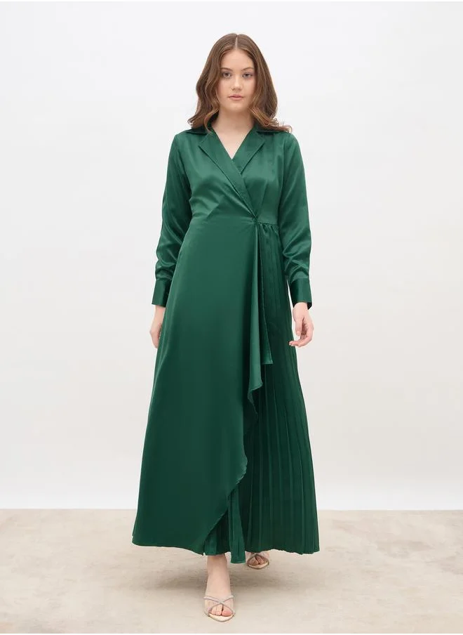 Styli Styli Plain Satin Pleated Wrap Maxi Dress with Notch Lapel