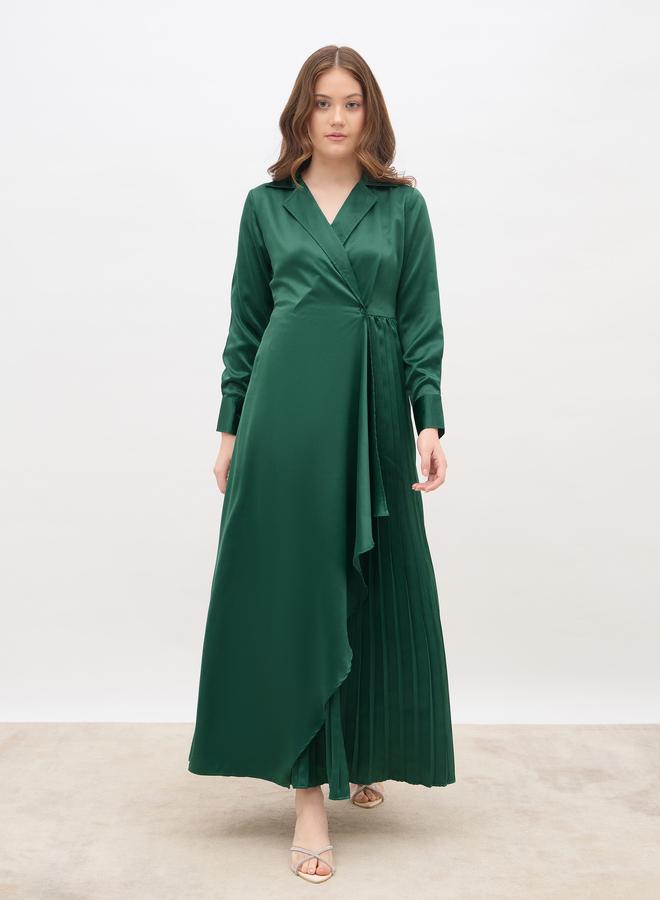 Styli Plain Satin Pleated Wrap Maxi Dress with Notch Lapel - Image 2
