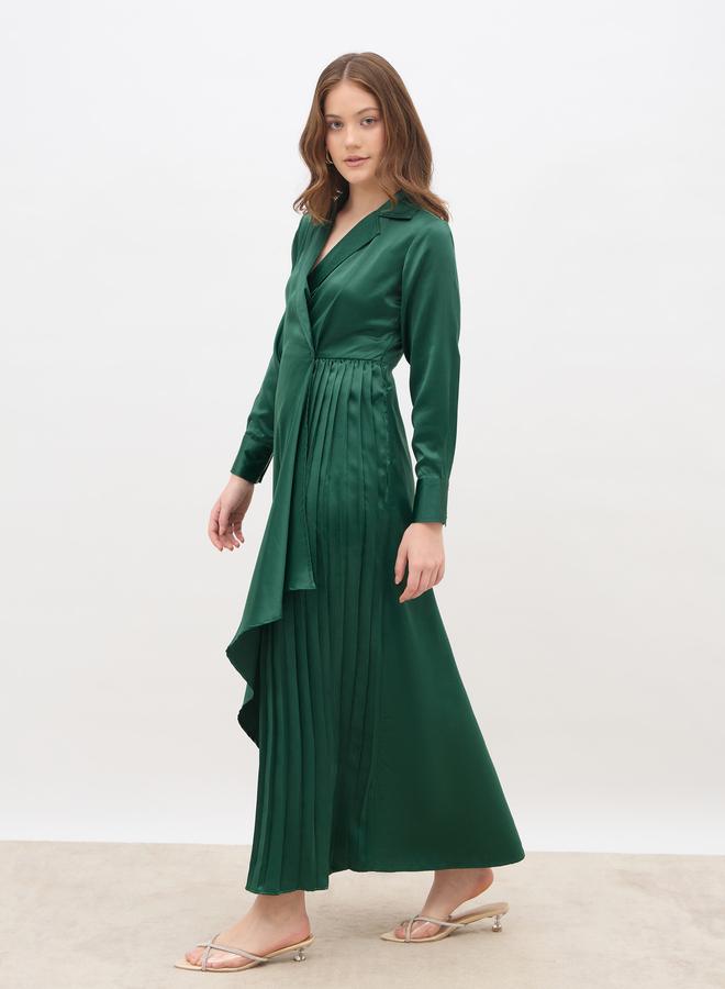 Styli Plain Satin Pleated Wrap Maxi Dress with Notch Lapel - Image 3