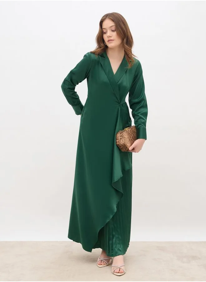 Styli Styli Plain Satin Pleated Wrap Maxi Dress with Notch Lapel
