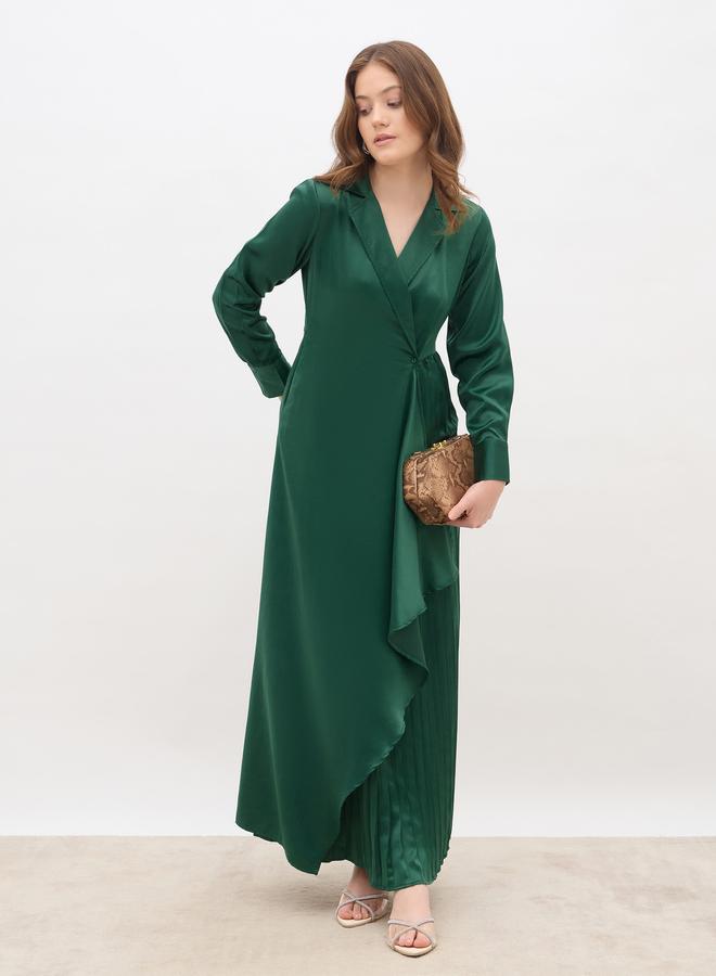 Styli Plain Satin Pleated Wrap Maxi Dress with Notch Lapel - Image 1