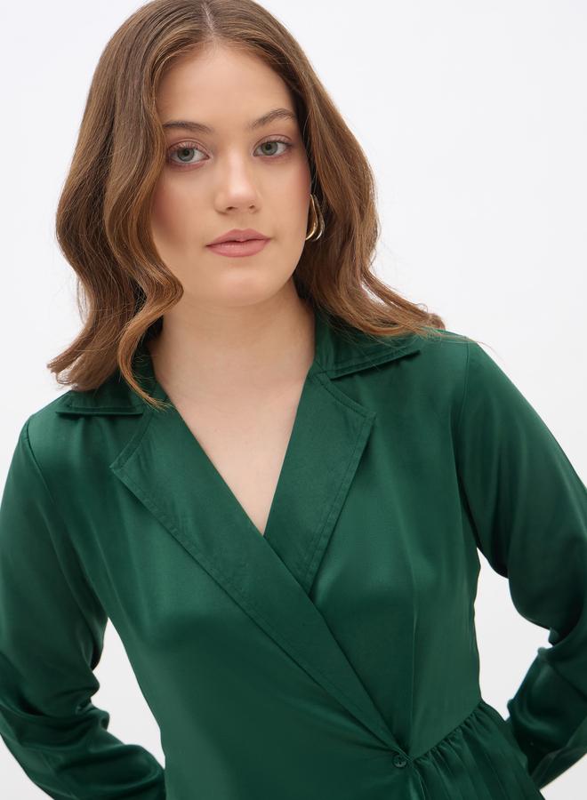 Styli Plain Satin Pleated Wrap Maxi Dress with Notch Lapel - Image 4