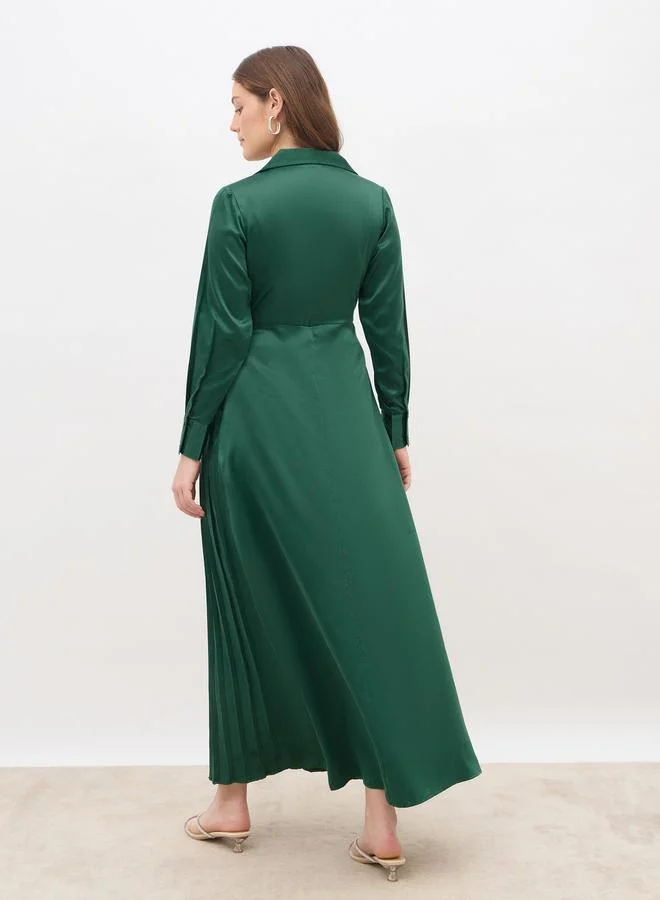 Styli Styli Plain Satin Pleated Wrap Maxi Dress with Notch Lapel