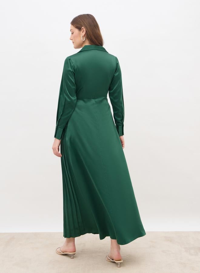 Styli Plain Satin Pleated Wrap Maxi Dress with Notch Lapel - Image 5