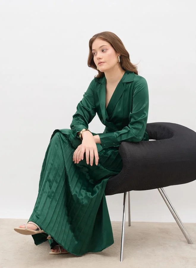 Styli Styli Plain Satin Pleated Wrap Maxi Dress with Notch Lapel