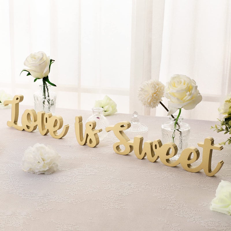 Love Is Sweet Table Decor Hollow Sign Wooden Love Is Sweet Sign for Dessert Table Freestanding Wood Is Wooden Letter Top for Wedding ShelfGold