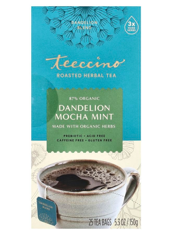 teeccino Roasted Herbal Tea Dandelion Mocha Mint Caffeine Free 25 Tea Bags 5.3 oz (150 g)