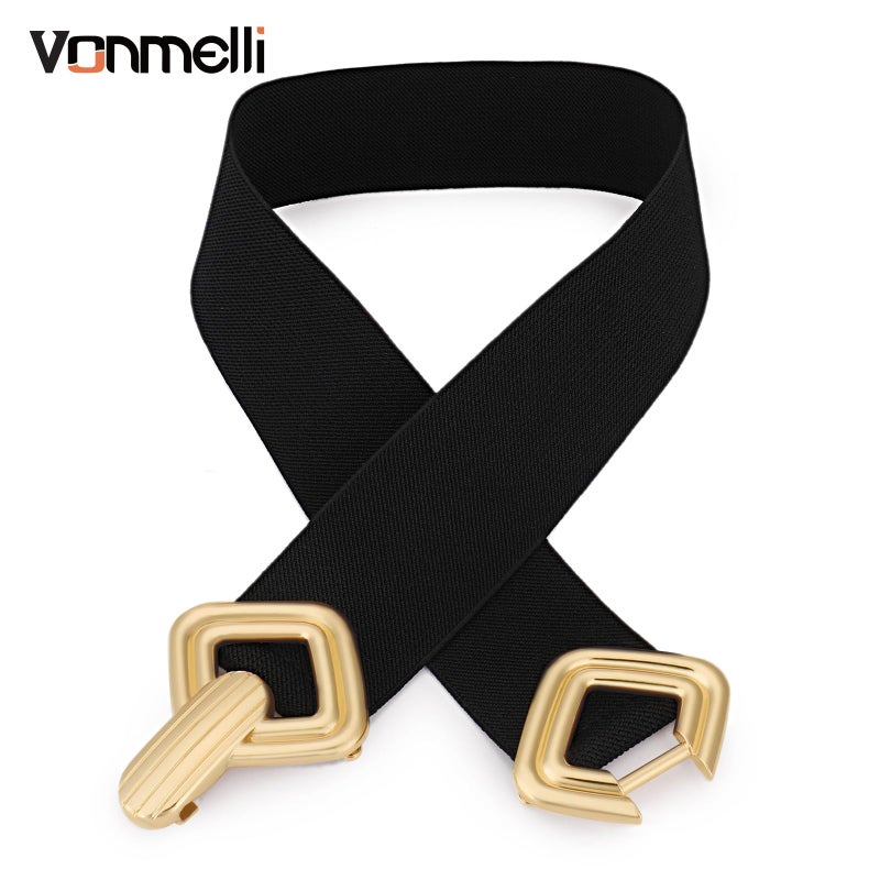 VONMELLI Women Wide Elastic Belt Vintage Stretchy Waistband with Retro Gold Buckle for Dresses Black L - Image 5