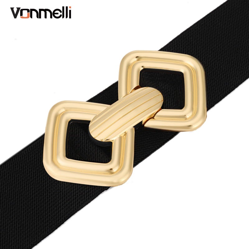 VONMELLI Women Wide Elastic Belt Vintage Stretchy Waistband with Retro Gold Buckle for Dresses Black L - Image 4