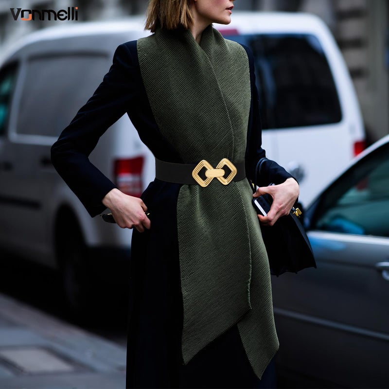 VONMELLI Women Wide Elastic Belt Vintage Stretchy Waistband with Retro Gold Buckle for Dresses Black L - Image 3