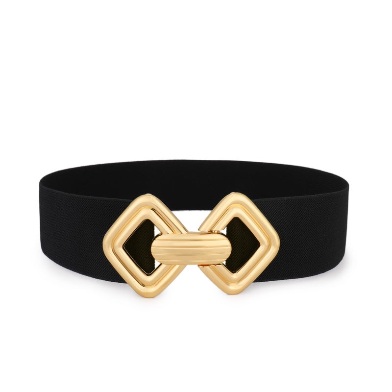 VONMELLI Women Wide Elastic Belt Vintage Stretchy Waistband with Retro Gold Buckle for Dresses Black L - Image 1