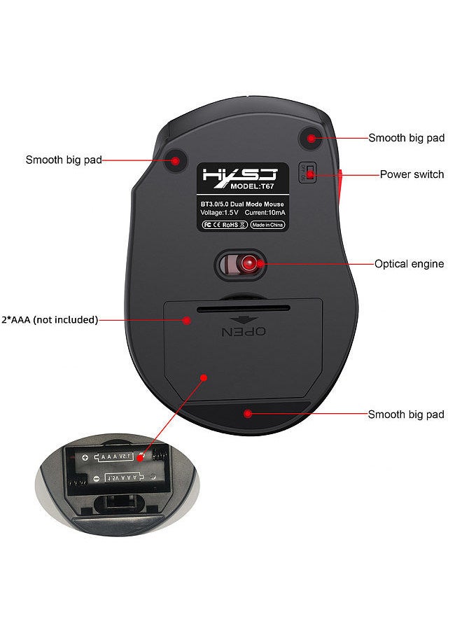 T67 BT3.0/BT5.0 Wireless Mouse 6 Keys Mute Office Gaming Mouse Ergonomic Mice with 3-level Adjustable DPI for PC Laptop