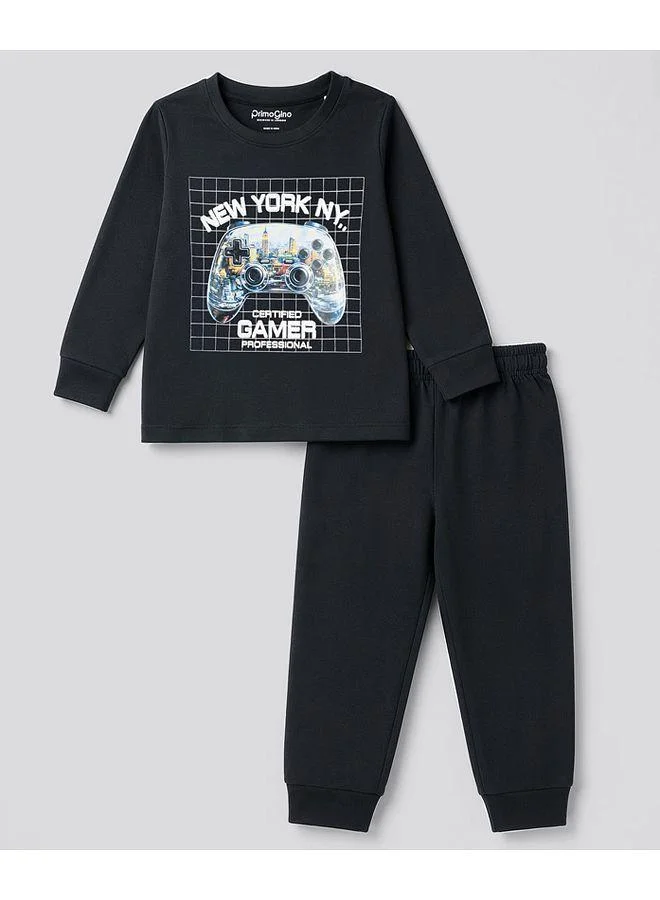 Primo Gino Primo Gino 100% Cotton Knit Full Sleeves T-Shirt & Pajama Night Suit With Controller Print - Black