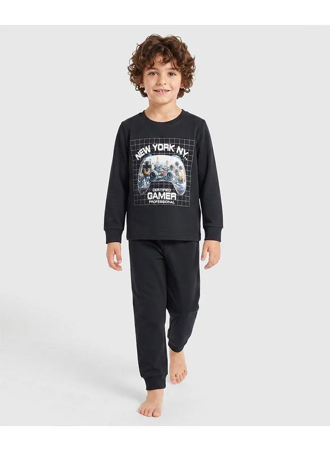 Primo Gino Primo Gino 100% Cotton Knit Full Sleeves T-Shirt & Pajama Night Suit With Controller Print - Black