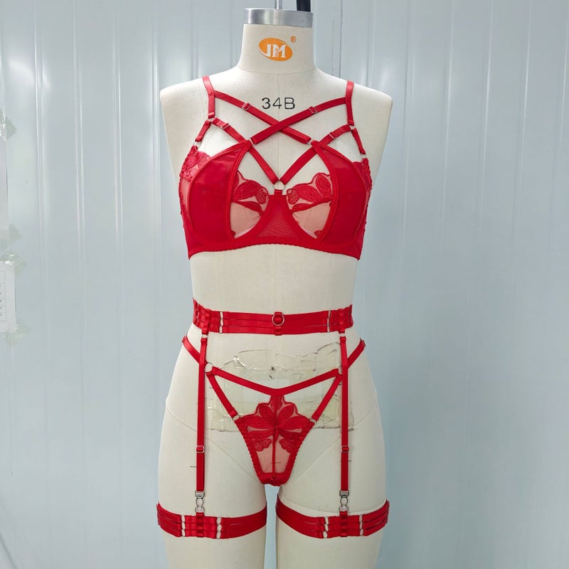 Women's Embroidered Mesh Bra Set, Lace-Up Detail Design, Adjustable Straps, Comfortable Everyday  Wear