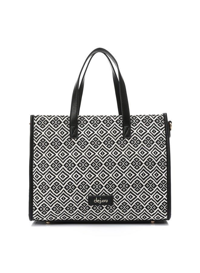 DejaVu Self Pattern Zipped Textile Handbag - Black & White - Image 1