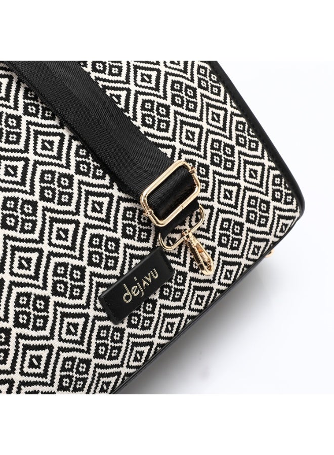 DejaVu Self Pattern Zipped Textile Handbag - Black & White - Image 4