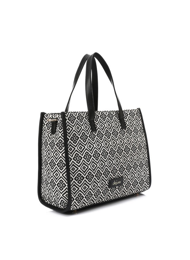 DejaVu Self Pattern Zipped Textile Handbag - Black & White - Image 2