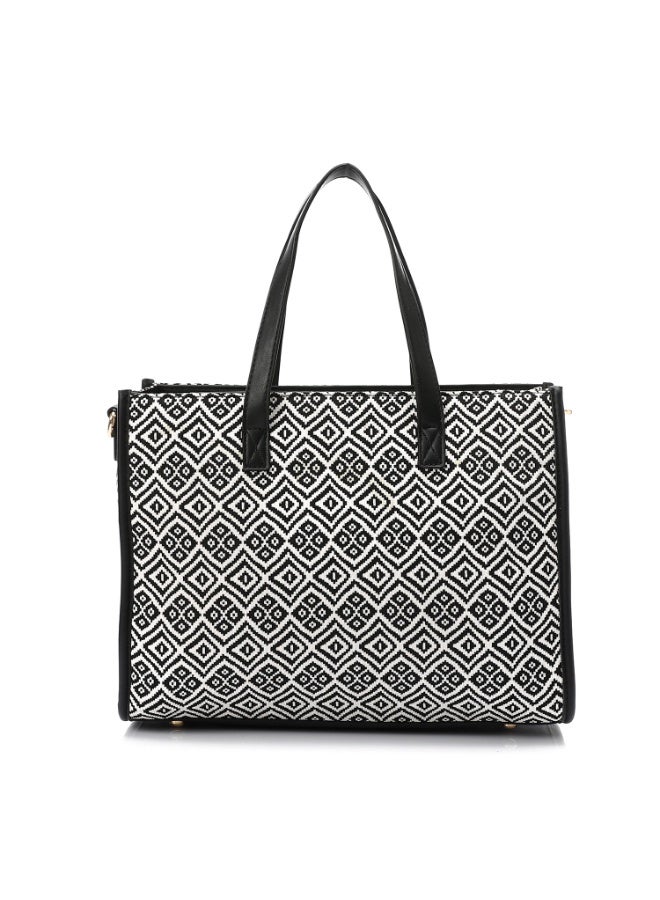 DejaVu Self Pattern Zipped Textile Handbag - Black & White - Image 3