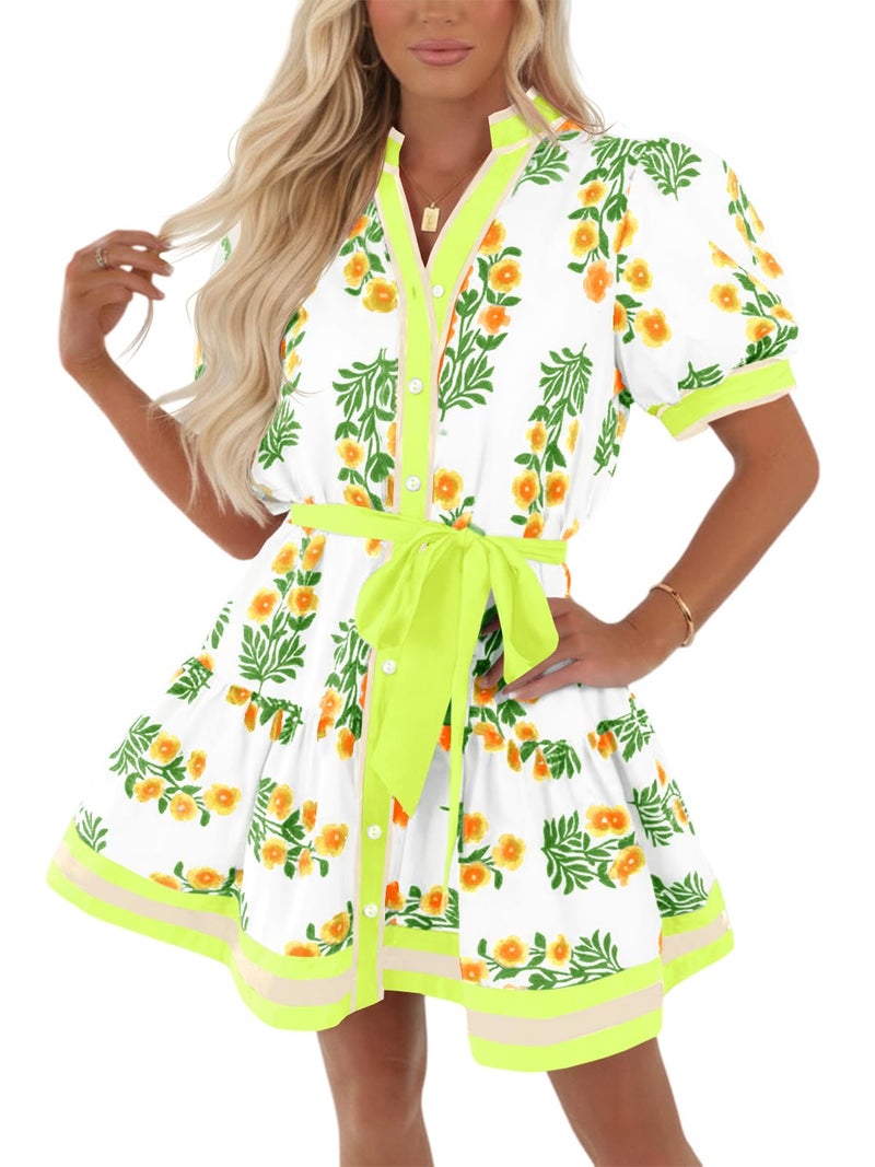 Wenrine Womens Summer Floral Mini Dress Puff Short Sleeve V Neck Button Down Casual Loose Boho Beach Dresses with Belt Navy - Image 1