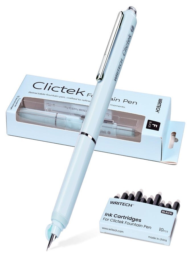 WRITECH Clictek Fountain Pen Fine: Retractable Black Ink with 10 Cartridges - Image 1
