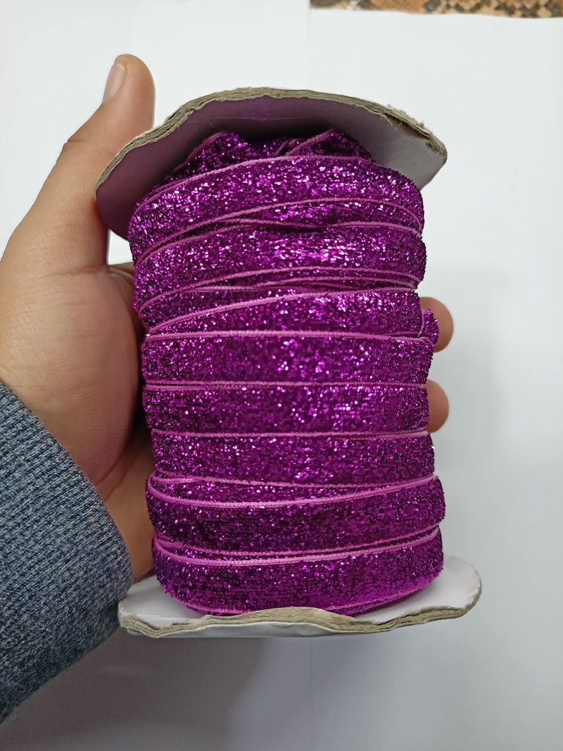 OMX Roll of Sparkle Glitter Ribbon Patti Lace (32 Meters) (Border) with 1cm (10mm) Width, Saree Border, Party Decoration, Craftwork (Purple) - Image 2