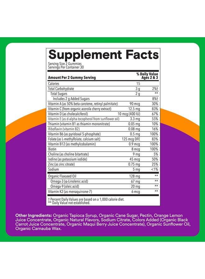 SmartyPants Organic Toddler Multivitamin Gummies: Omega 3 (ALA), Vitamin D3, C, Vitamin B12, B6, A, K & Zinc for Immune Support, Biotin, Vegetarian, Two Fruit Flavors, 60 Count (30 Day Supply) - Image 3