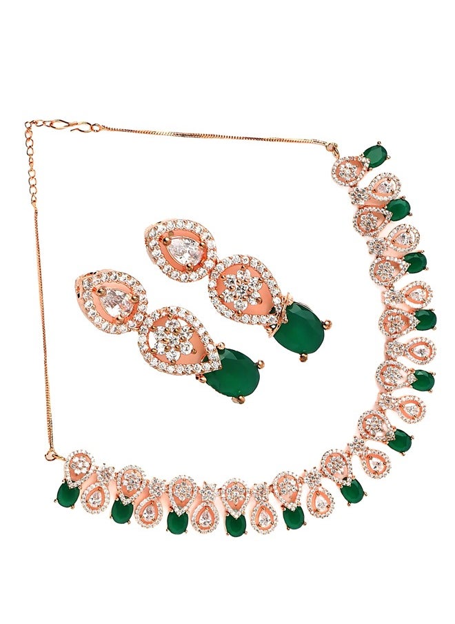 Just Peachy Just Peachy Gold-Plated Green & White Stone-Studded Jewellery Set – Elegant Necklace & Earrings with Dazzling Stones, Perfect for Weddings, Parties, and Special Occasions  - Image 1