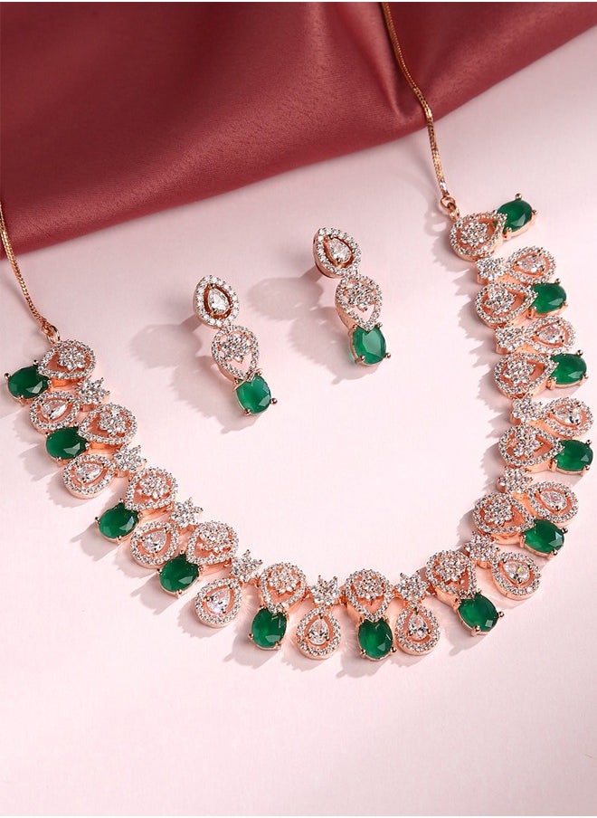 Just Peachy Just Peachy Gold-Plated Green & White Stone-Studded Jewellery Set – Elegant Necklace & Earrings with Dazzling Stones, Perfect for Weddings, Parties, and Special Occasions  - Image 3