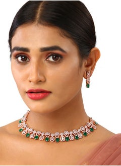 Just Peachy Just Peachy Gold-Plated Green & White Stone-Studded Jewellery Set – Elegant Necklace & Earrings with Dazzling Stones, Perfect for Weddings, Parties, and Special Occasions  - Image 2