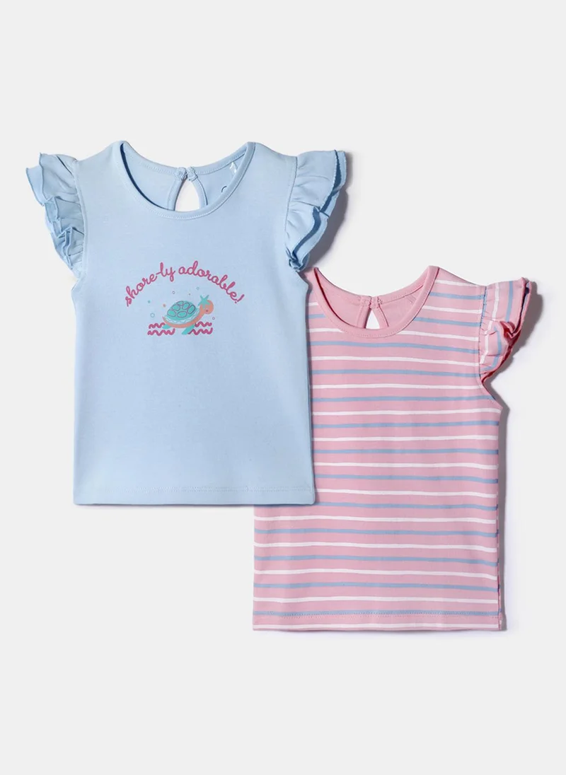 Nautinati Nautinati Pack of 2 Pink and Blue Printed and Striped Tops for Girls