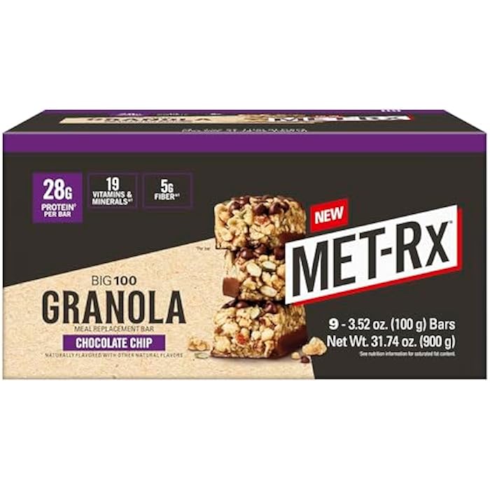 MET-Rx Big 100 Granola Protein Bar, Meal Replacement Bar, 28 G Protein, Chocolate Chip, Pack of 9 - Image 1
