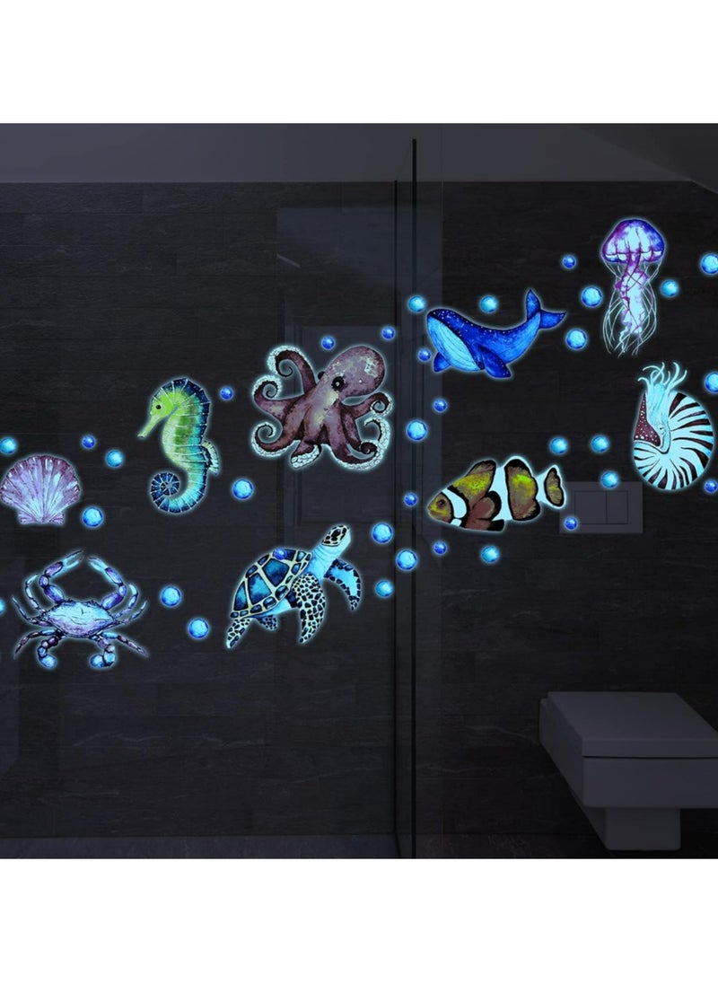 Generic 52 Pcs Ocean Fish Wall Decals Glow in The Dark Under The Sea Wall Decals Sea Animals Wall Stickers Removable Waterproof Peel and Stick for Kids Bathroom Watercolor Ocean Decor  - Image 2
