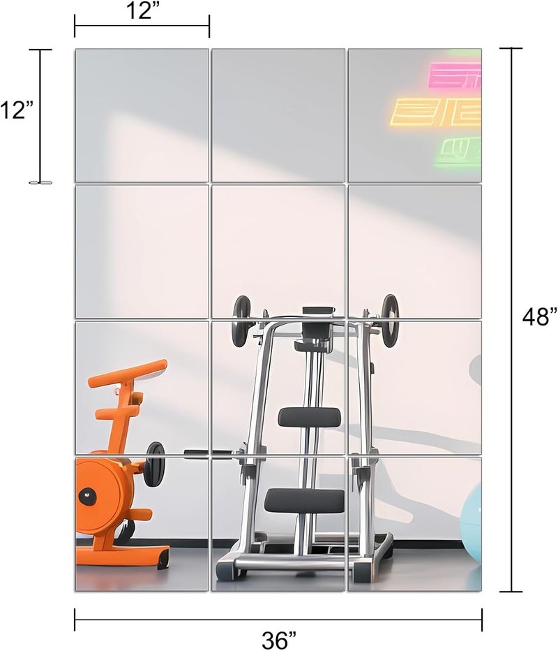 Ruomeng Home Gym Mirrors 12 Inch x 12Pcs Wall Mounted Mirror Glass Frameless Full Length Mirror Tiles for Home Gym, Bedroom, Door & Bathroom - Image 3