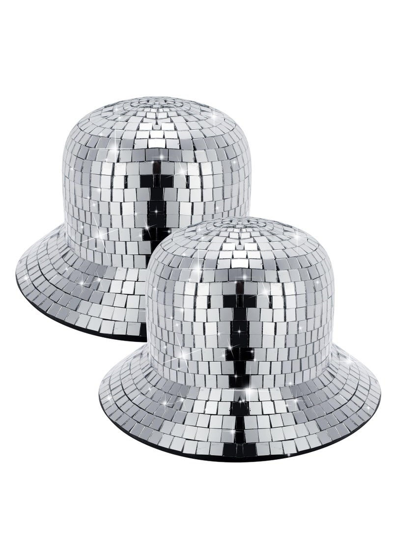 Excefore - Disco Ball Hat, 2 Pcs Mirrored Sequin Silver Bucket Hat Disco Cowboy Hat Fisherman Hat Glitter Party Accessory Shining Dance Ball Caps, 1970s Disco Accessories for Nightlife Party(11 x 11 x 5.96 Inch) - Image 1