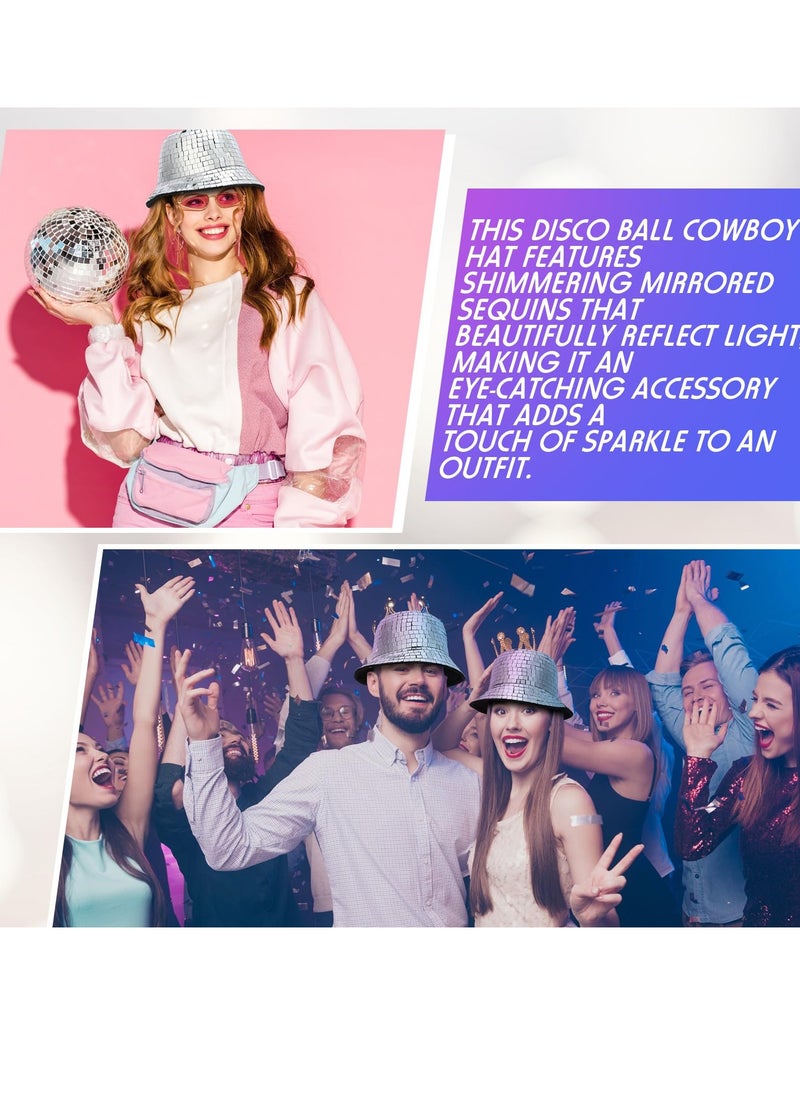 Excefore - Disco Ball Hat, 2 Pcs Mirrored Sequin Silver Bucket Hat Disco Cowboy Hat Fisherman Hat Glitter Party Accessory Shining Dance Ball Caps, 1970s Disco Accessories for Nightlife Party(11 x 11 x 5.96 Inch) - Image 1
