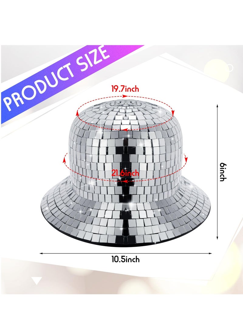 Excefore - Disco Ball Hat, 2 Pcs Mirrored Sequin Silver Bucket Hat Disco Cowboy Hat Fisherman Hat Glitter Party Accessory Shining Dance Ball Caps, 1970s Disco Accessories for Nightlife Party(11 x 11 x 5.96 Inch) - Image 1