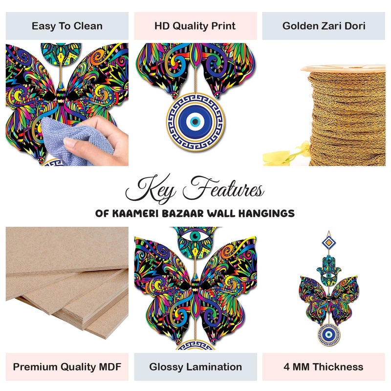 Kaameri Bazaar تعليق جدار على شكل فراشة عين الشر لطرد الطاقة السلبية | يد حمساء لتزيين المنزل والمكتب | عنصر معلق خشبي - Image 2