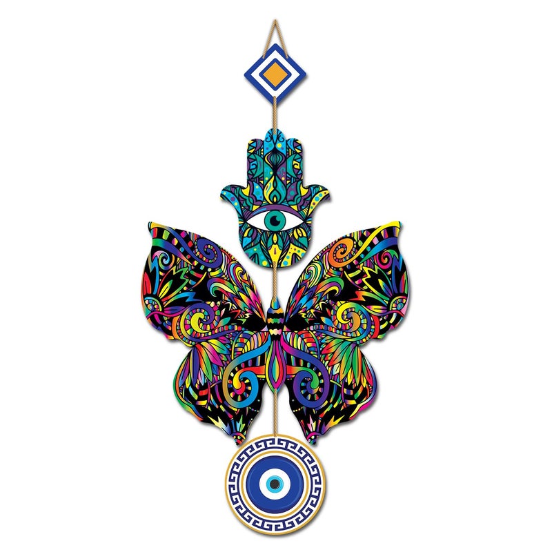 Kaameri Bazaar تعليق جدار على شكل فراشة عين الشر لطرد الطاقة السلبية | يد حمساء لتزيين المنزل والمكتب | عنصر معلق خشبي - Image 1