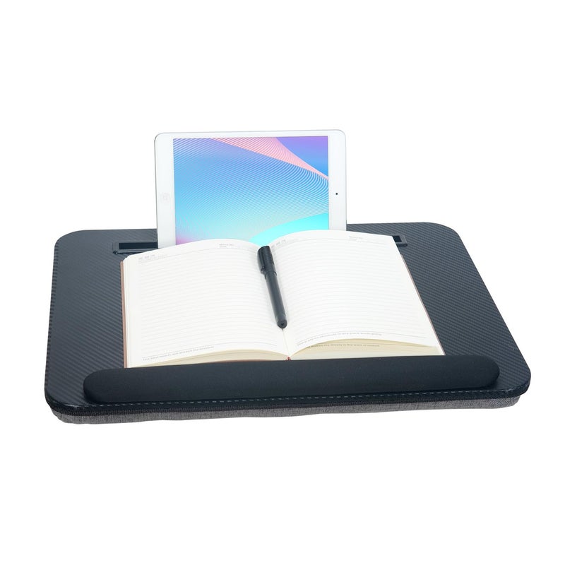 YUELAKE Lap Desk, Portable Laptop Desk Fits Up to 16“ Laptops, with Tablet Slot, Built-in Cushion, Great for Home & Office,Lap Desk for Laptop,Lap Desk with Cushion (Black with Wrist Rest, Medium) - Image 1