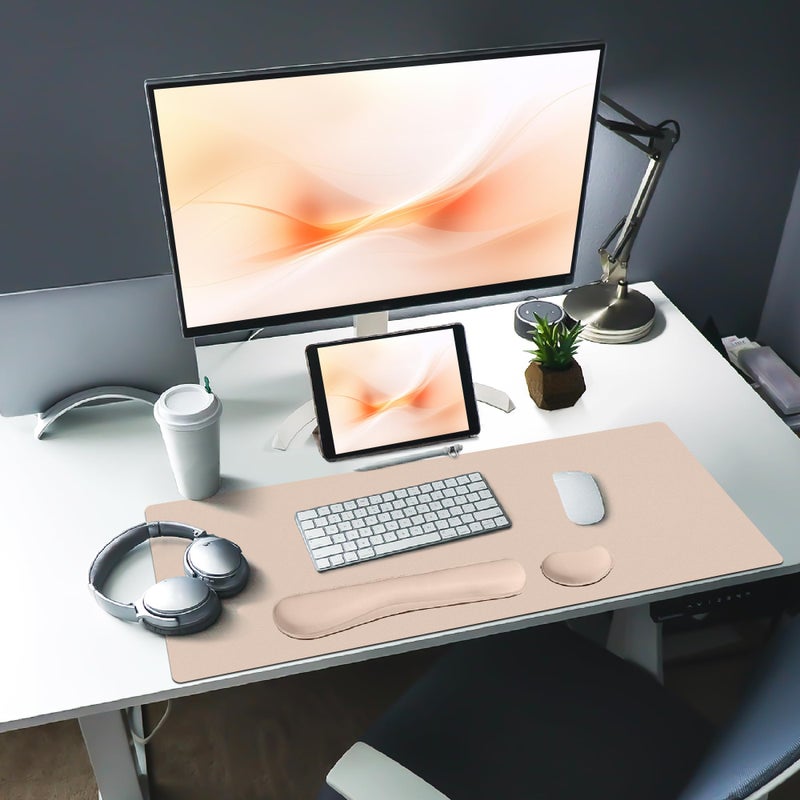 Bloss Leather Desk Pad and Keyboard Wrist Rest, Large Mouse Pad + Keyboard Pad+Mouse Wrist Support, Non-Slip Desk Mat Protector for Office, Home(27.6" x 13.8", Beige) - Image 2