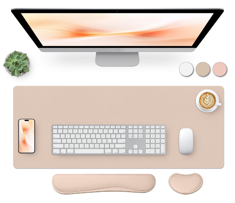 Bloss Leather Desk Pad and Keyboard Wrist Rest, Large Mouse Pad + Keyboard Pad+Mouse Wrist Support, Non-Slip Desk Mat Protector for Office, Home(27.6" x 13.8", Beige) - Image 1