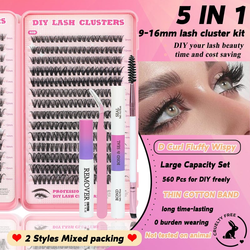 ISTGIFT Lash Clusters Kit, 560 Pcs Eyelashes Clusters Kit 9-16mm Individual Lash Extension Kit D Curl Fluffy Wispy False Eyelashes (30D+40D, Lash Clusters Kit) - Image 2