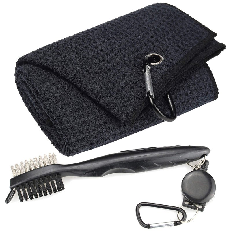 Mile High Life Microfiber Golf Towel and Oversized Brush Tool Kit with Club Groove Cleaner, Retractable Extension Cord and Clip (Black Printed Towel+Black Brush) - Image 1