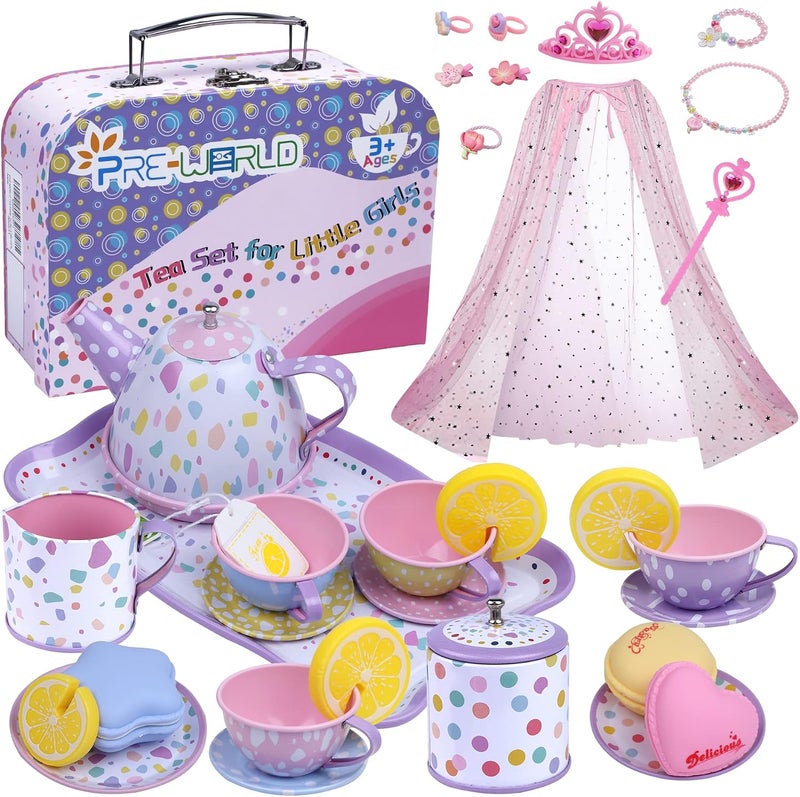 PRE-WORLD مجموعة حفلات الشاي للفتيات الصغيرات، لعبة بري - ورلد Princess Tea Time مع مجموعات العاب طعام حلوة، اكسسوارات ملابس وعباءة وقلادة واساور ومجوهرات، لعبة تظاهرية للمطبخ للاطفال من سن 3-6 سنوات - Image 1