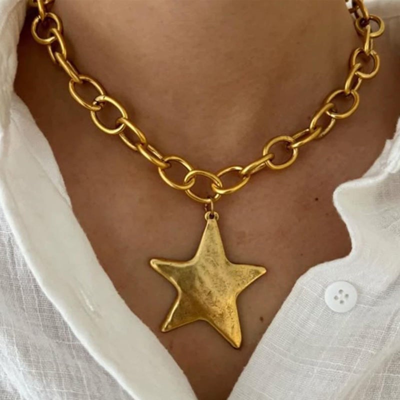 JAVARNV Star Necklace Chunky Gold Statement Necklaces Punk Star Pendant Gold Chain Necklaces for Women Trendy Grunge Accessories Jewelry for Women - Image 2