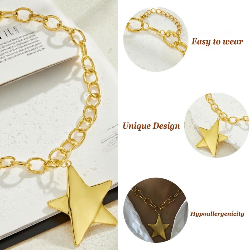 JAVARNV Star Necklace Chunky Gold Statement Necklaces Punk Star Pendant Gold Chain Necklaces for Women Trendy Grunge Accessories Jewelry for Women - Image 4