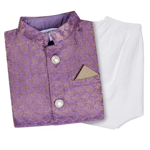 superminis Cotton Boy's Cottton Kurta With Golden Thread Work Nehru Jacket and Elastic Closure Pyjama Set (5-6 Years, Purple), Floral - Image 1