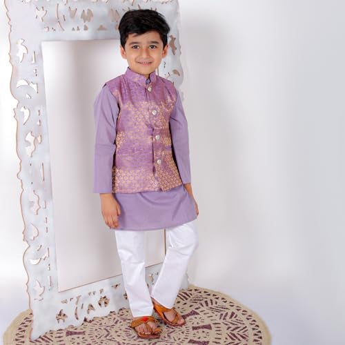 superminis Cotton Boy's Cottton Kurta With Golden Thread Work Nehru Jacket and Elastic Closure Pyjama Set (5-6 Years, Purple), Floral - Image 2